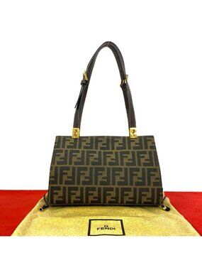 Fendi Vintage Zucca FF Logo Canvas Leather Shoulder Bag Brown
